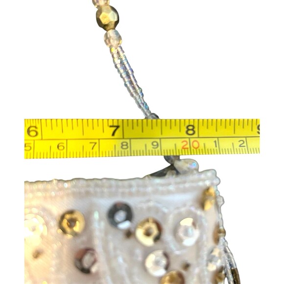 Vintage 1990s Cream & Bronze Beaded Fringe Satin-Finish Evening Bag Handmade - Picture 8 of 10